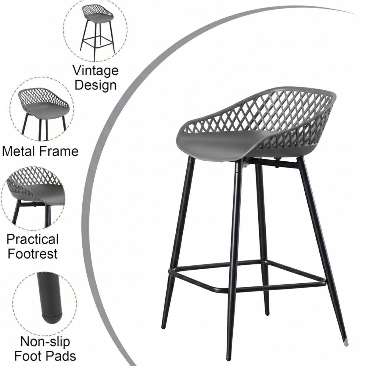 Barkrukken Set van 2 – House&Garden Moderne Bistro Barstoelen 84,5 cm – Ergonomische Holle Rugleuning – PP Kunststof Zitting Grijs – Met Metalen Frame & Voetensteun – Voor Keuken, Bar, Bistro en Outdoor