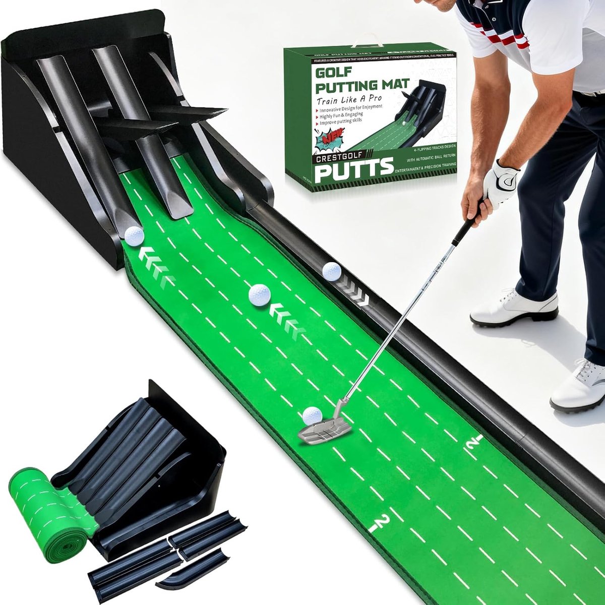 MELVRA Golf Putting Green - Golfmat voor Binnen - 250 x 35 cm - Met Balterugkeerfunctie - 4 Gaten - Golf Training voor Thuis & Kantoor - Cadeau voor Mannen - Groen