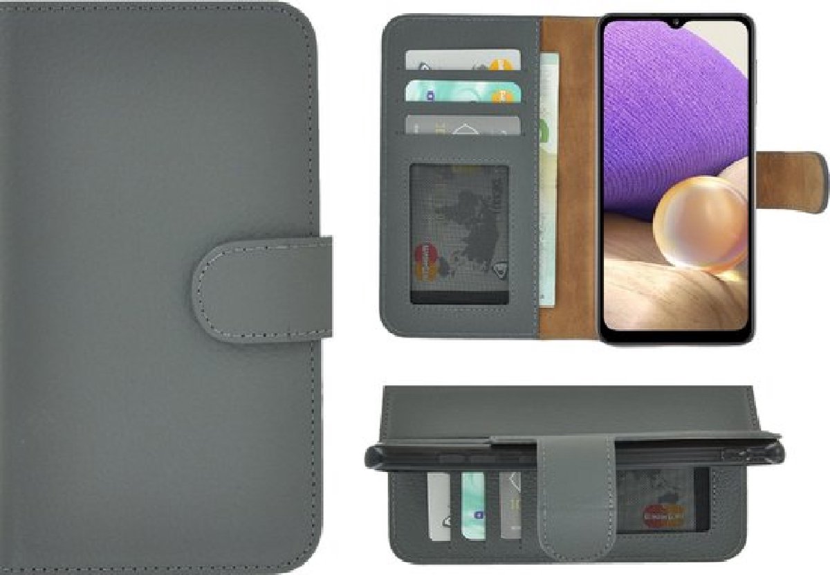 Hoesje Echt Leer Geschikt voor Samsung Galaxy A17 - Bookcase Hoesje - Samsung A17 Wallet Book Case Echt Leer GrijsCover
