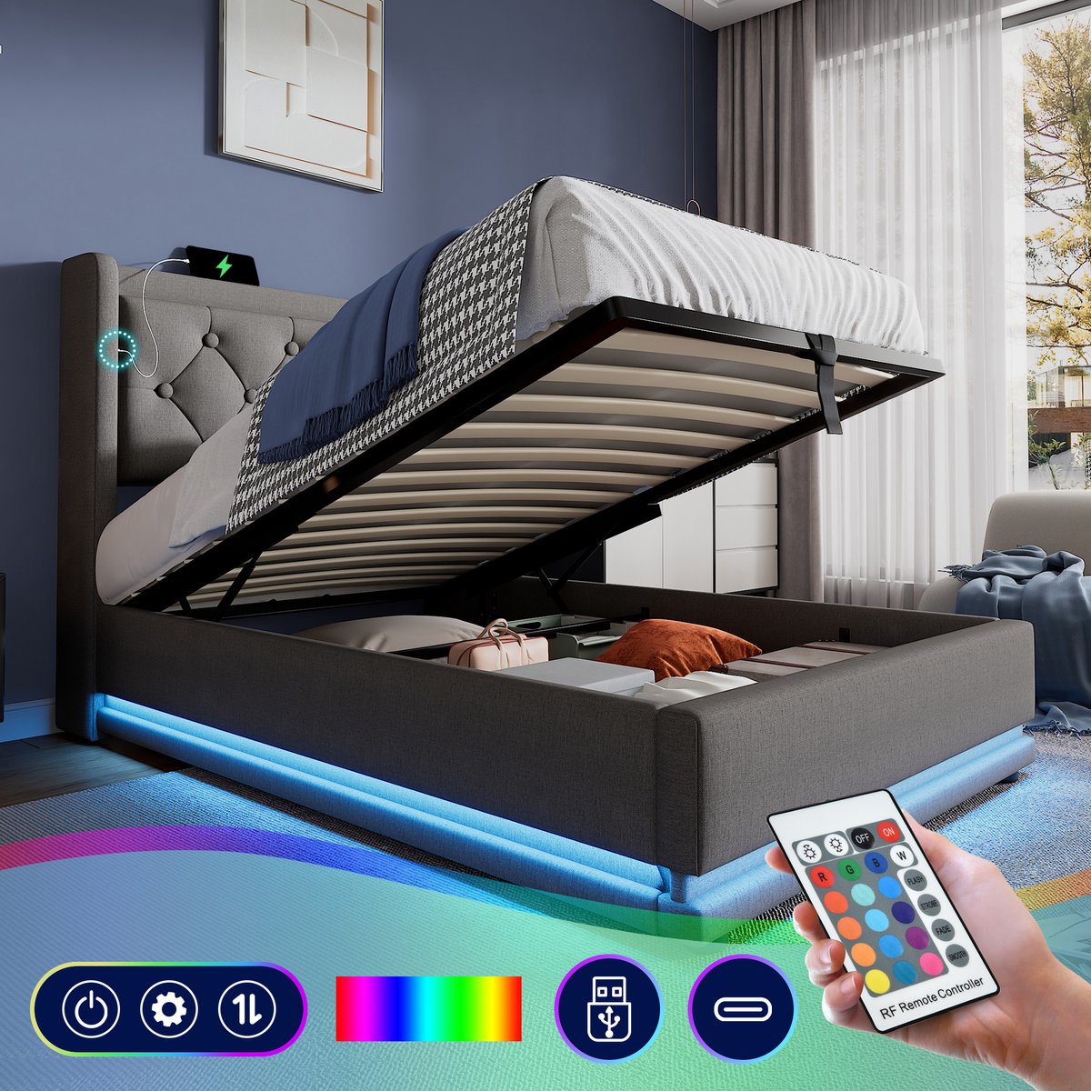 Gestoffeerd Eenpersoonsbed 90*200 cm, Grijs Katoen, Hydraulisch Opbergbed, Gewatteerd Hoofdeinde met USB Type-C Oplaadfunctie, 3-Zijdige LED-Verlichting (matras niet inbegrepen)