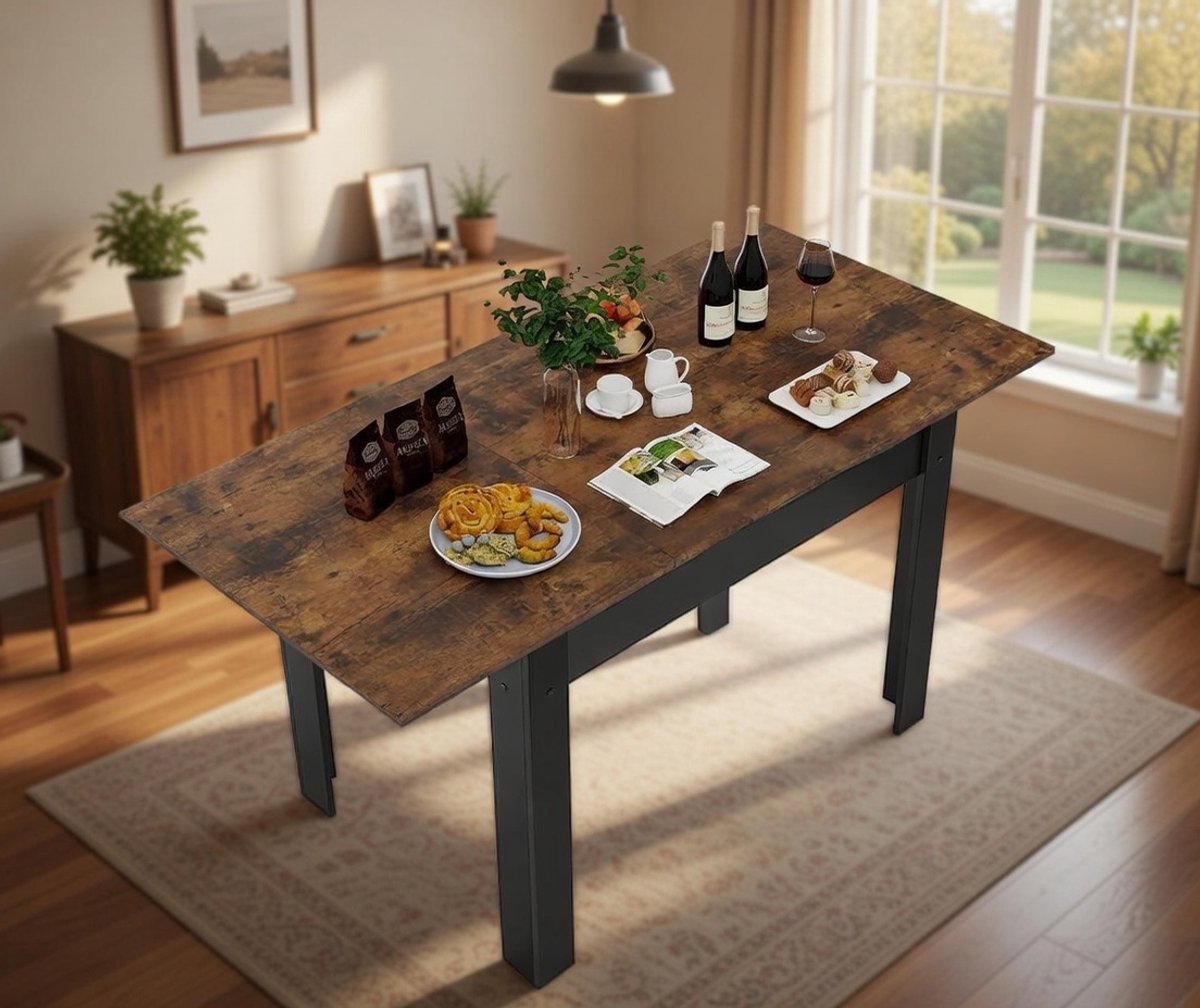 Industriële Uitschuifbare Eettafel 105-150x70 cm - Rechthoekige Houten Eetkamertafel met Zwart Metalen Poten voor 4-6 Personen | Casa Serena – Casa Dorada