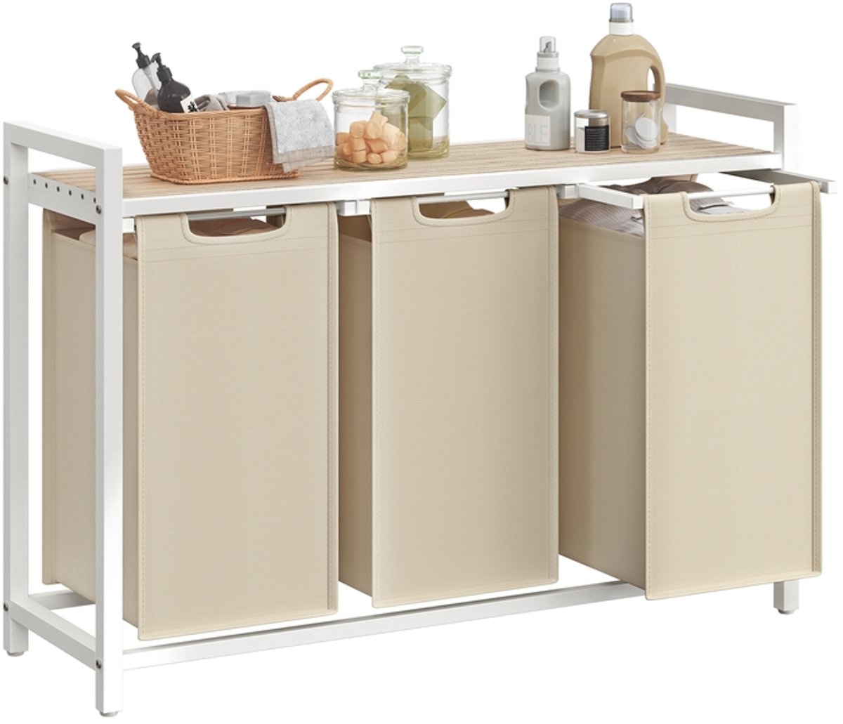 Wasmand – 3 Compartimenten – Met uitneembare Oxford stoffen zakken – Cappuccino beige-natuurlijk beige – 92,5 x 33 x 72 cm