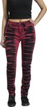 Dames jeans in rood met zwart tie-dye patroon, staand van voren.