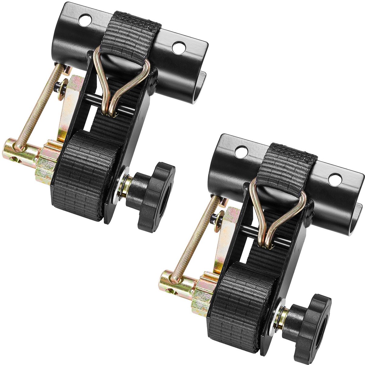 Spanbanden met ratel - Ratelspanbanden Set van 2 - Afmeting 38 mm x 2,25 m - Dubbele J-haken - Draagvermogen 226,8 kg - Voor ladderrek ronde buis Ø 47,5–50,8 mm - Zwart