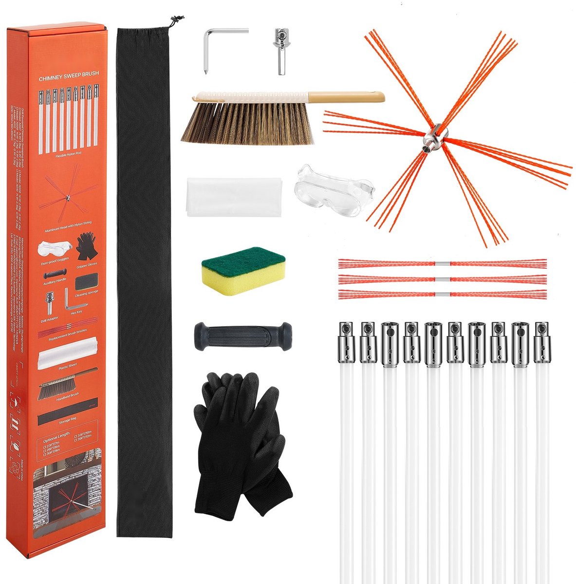 Schoorsteenborstel Set - Schoorsteen Veegset - Max. 10 m Lengte - Tot 90° Buigbaar - Flexibele Verlengstokken - Voor Vierkante en Rechthoekige Schoorstenen - Haardreiniging