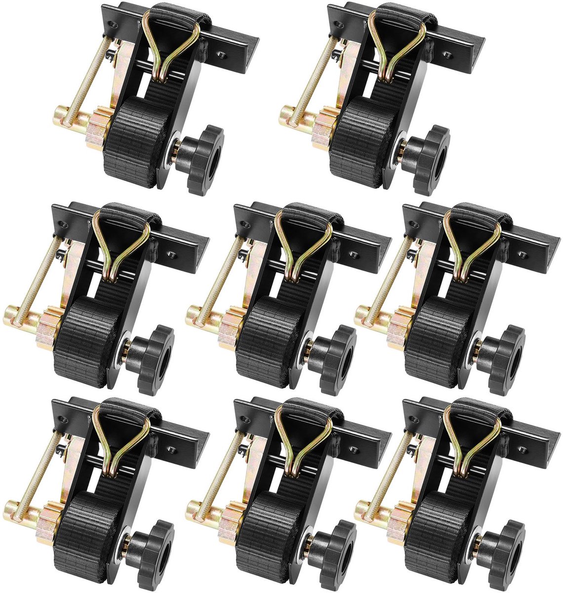 Spanbanden - Ratelspanbanden met dubbele J-haken - Voor vierkante buis, ladderrek en imperiaal - Breedte 38 mm - Lengte 2,25 m - 227 kg Draagvermogen - Set van 8 - Zwart