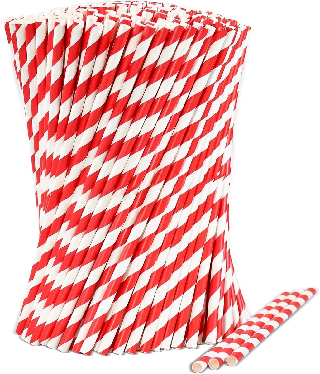 1000 Stuks Rode en Witte Gestreept Papieren Rietjes Biodegradabel 19,7 cm