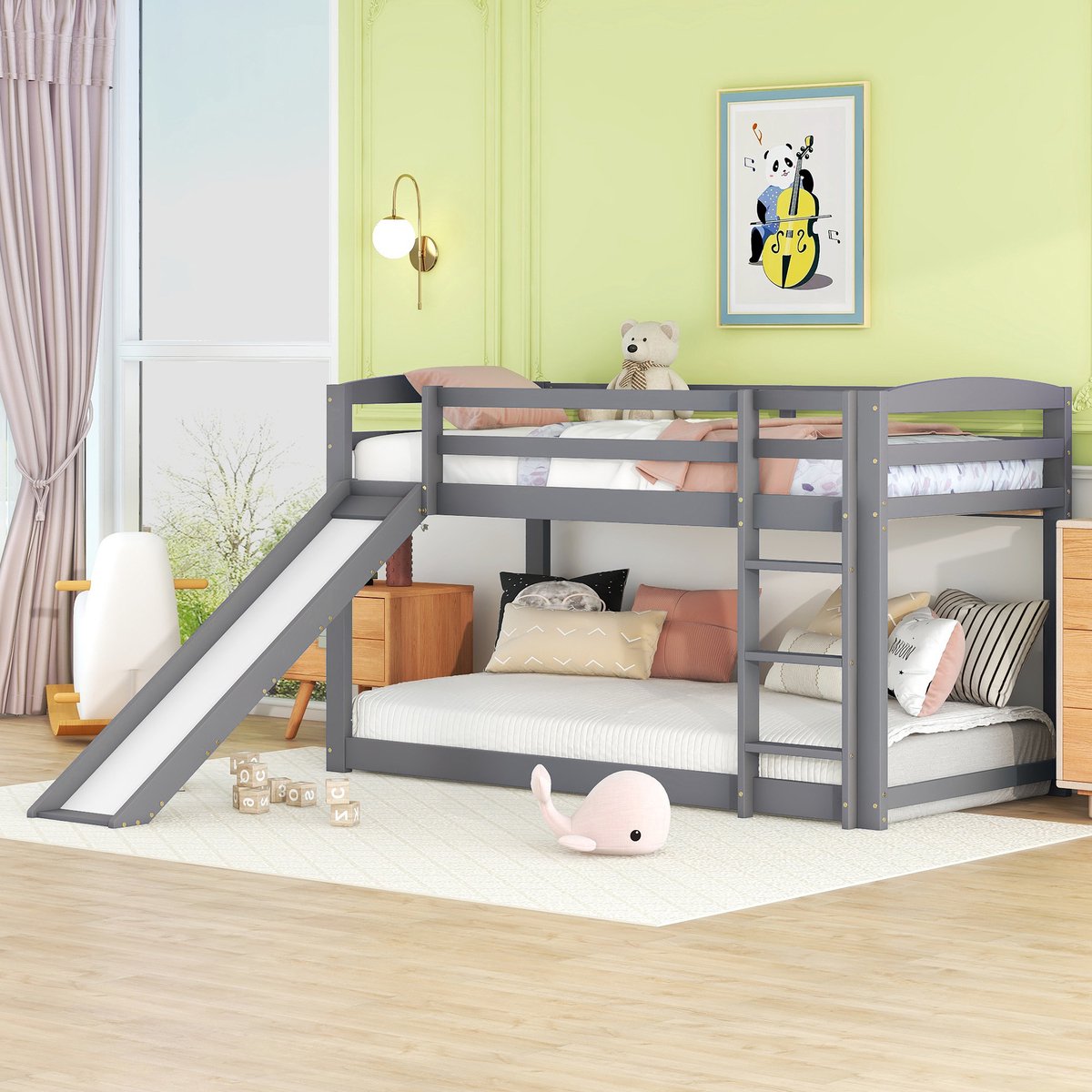 Stapelbed - 90x200 cm - Met Glijbaan - Massief Houten Frame - Grenenhout - Grijs