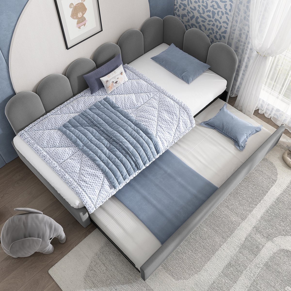 FloraGrace Gestoffeerd Bed 90x200cm – Daybed Met Uitschuifbed 90x190cm – Met Lattenbodem En Opbergfixatie – Zonder Matras – Fluweel – Grijs
