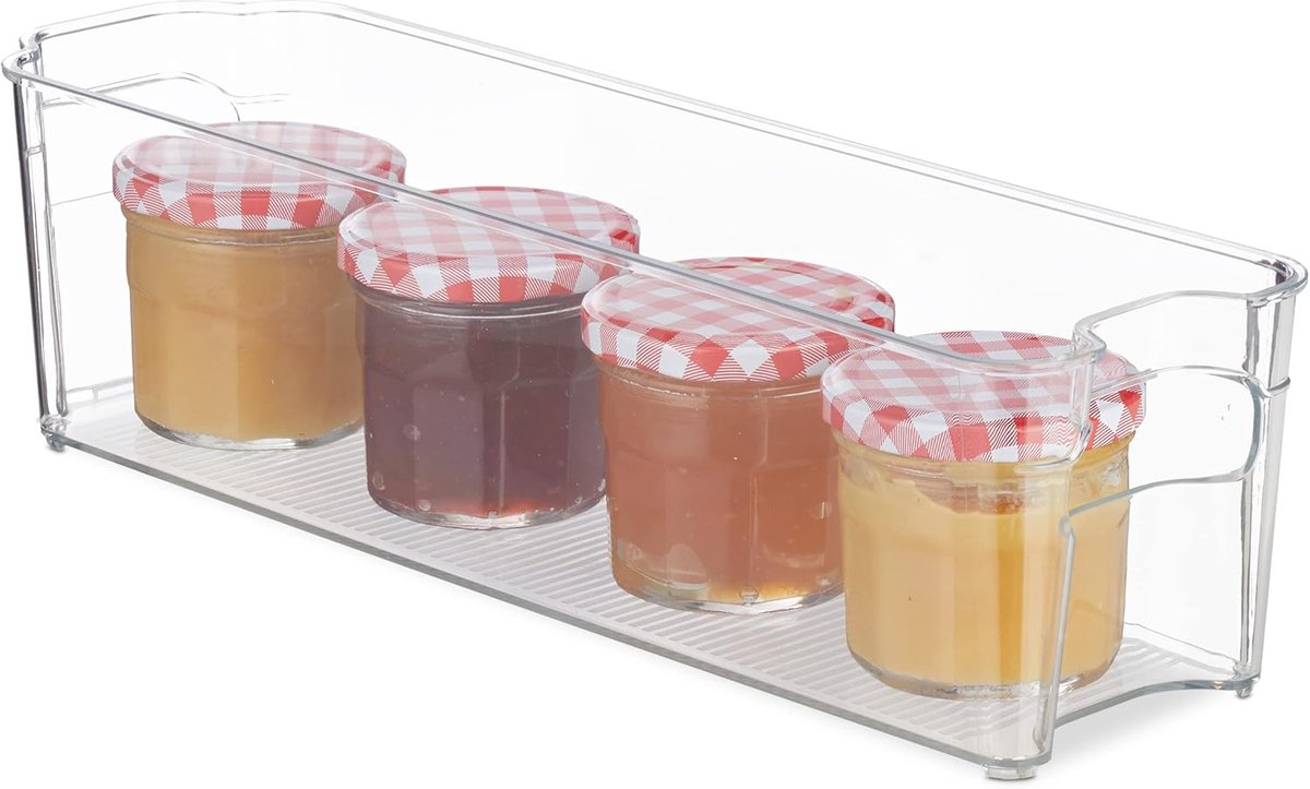 Famanu - Koelkast organizer, smalle keukenorganizer met grepen, voor levensmiddelen, 10 x 11 x 37.5 cm, doorzichtig