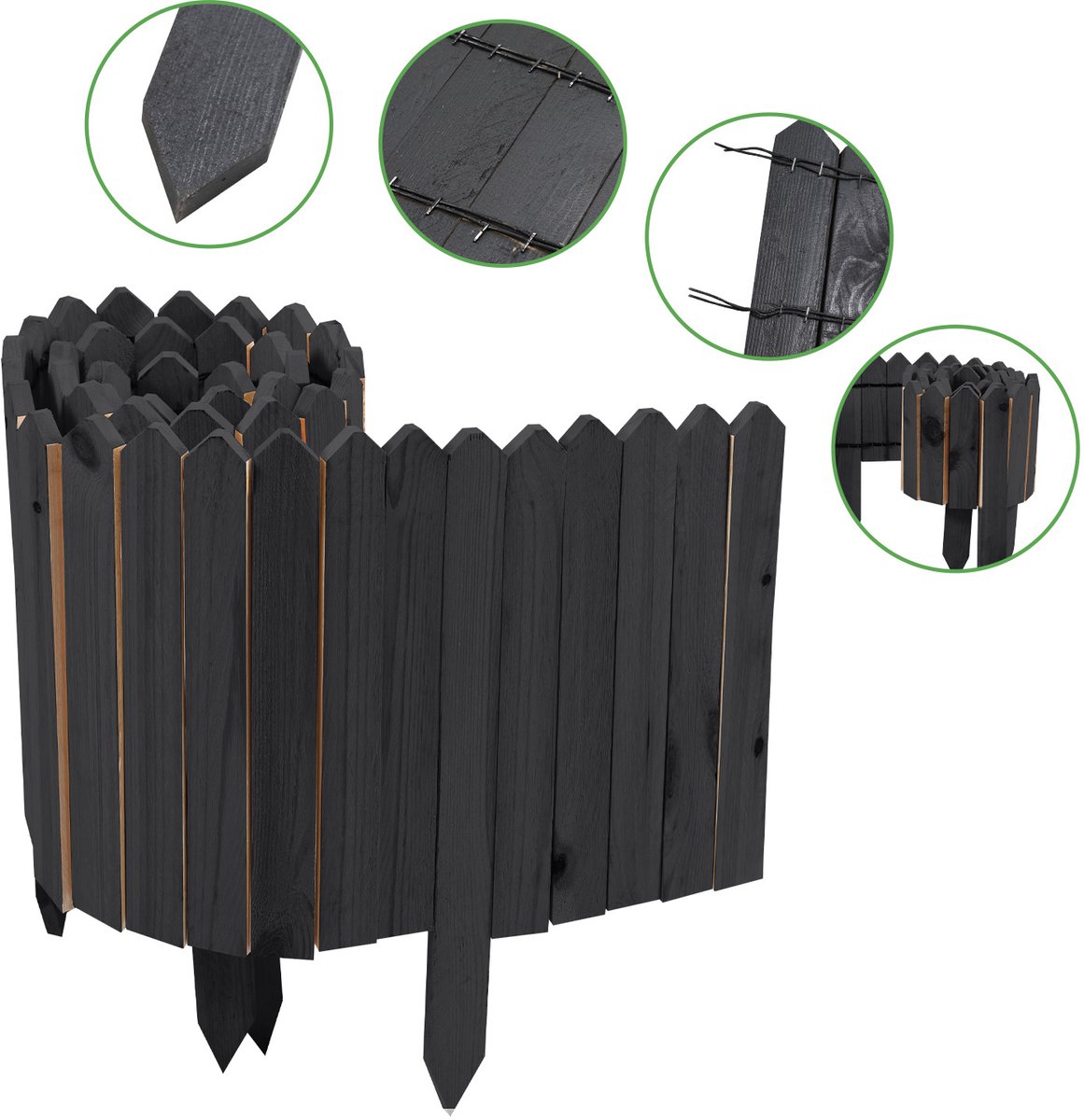 Borderrand Palissade Dennenhout - Rollborder Flexibele houten hek 200 x 40 cm - Dennenhouten Tuinafscheiding Bedrand - Decoratieve Borderranden - Antraciet