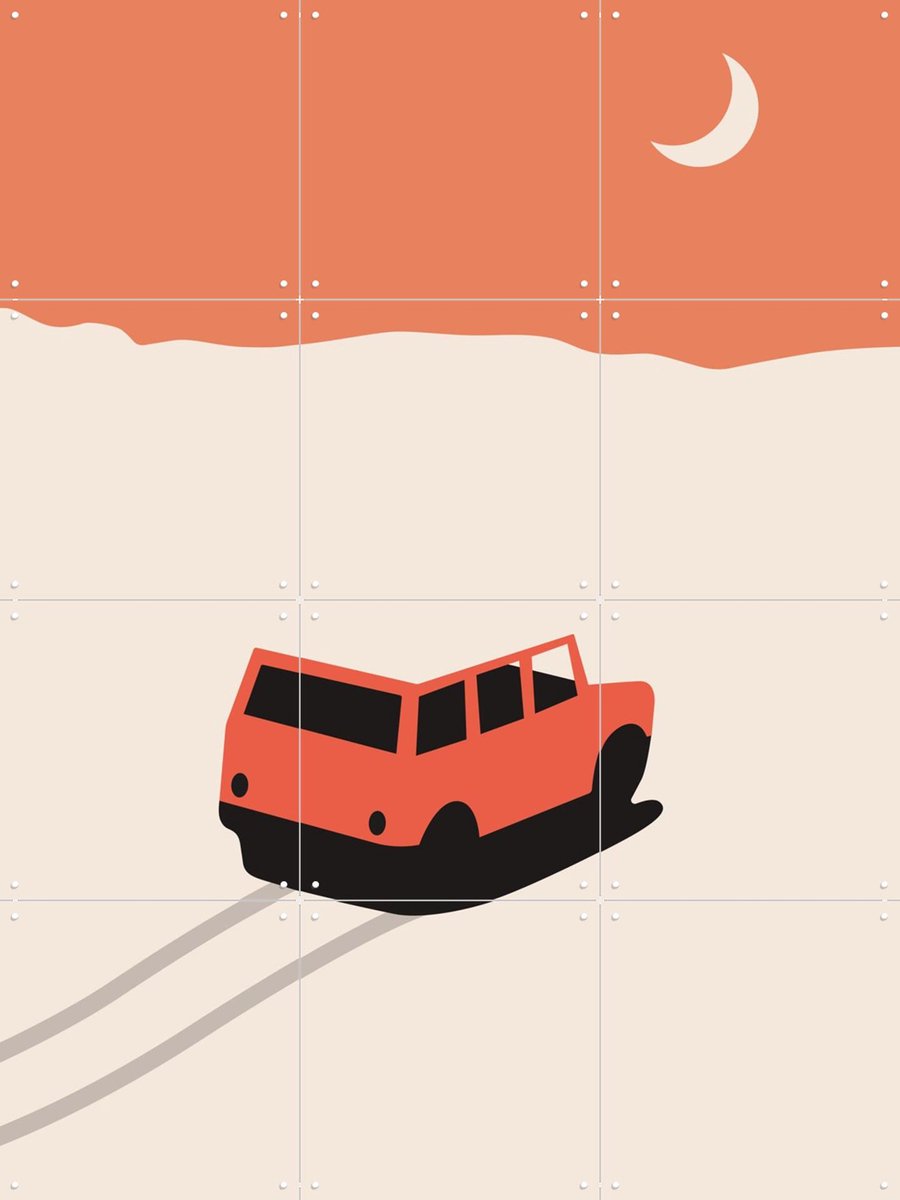 IXXI Red Car in Desert, Florent Bodart - 60 x 80 cm - Gratis ophangtool - Grote wanddecoratie en posters - Illustraties, Geometrische Kunst, Grafisch