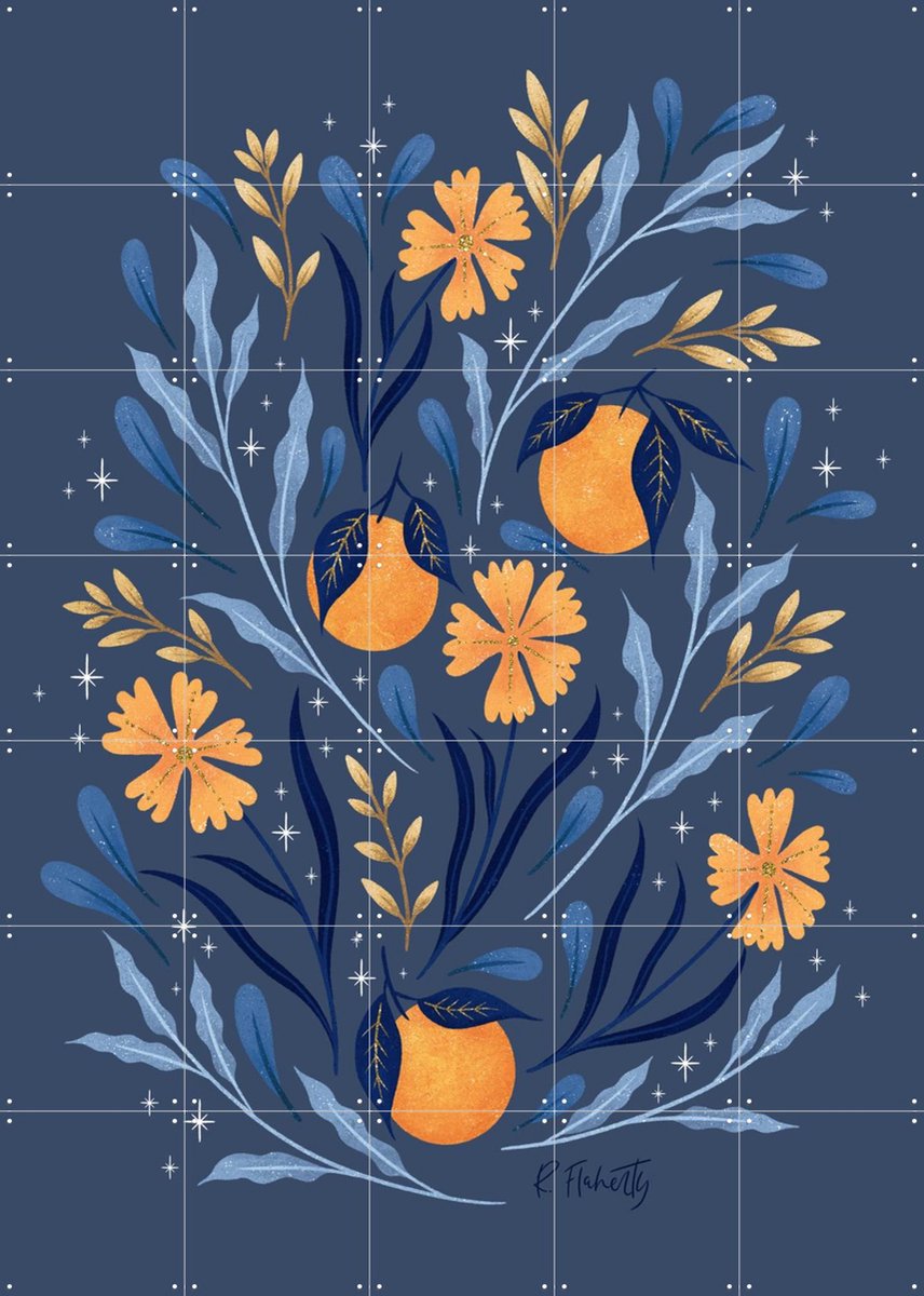 IXXI Wild Flowers and Oranges Blue and Gold, Rebecca Flaherty - 100 x 140 cm - Gratis ophangtool - Grote wanddecoratie en posters - Kleurrijk