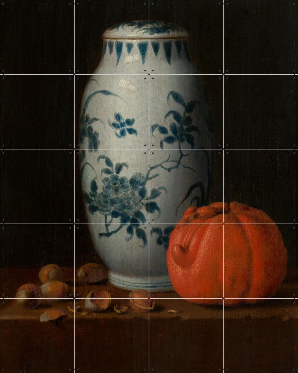 IXXI Stilleven met Chinese dekselpot, hazelnoten en sinaasappel, Simon Luttichuys & Mauritshuis - 80 x 100 cm - Gratis ophangtool - Grote