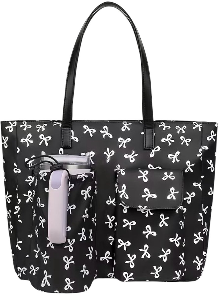 Twenty Two grote Tote Bag voor dames | schoudertas | grote capaciteit | schoudertas voor vrouwen | water cup Tote Bag met vakken en ritssluiting | handtas voor vrouwen | reistas |36x10x32cm| zwart met strikjes patroon