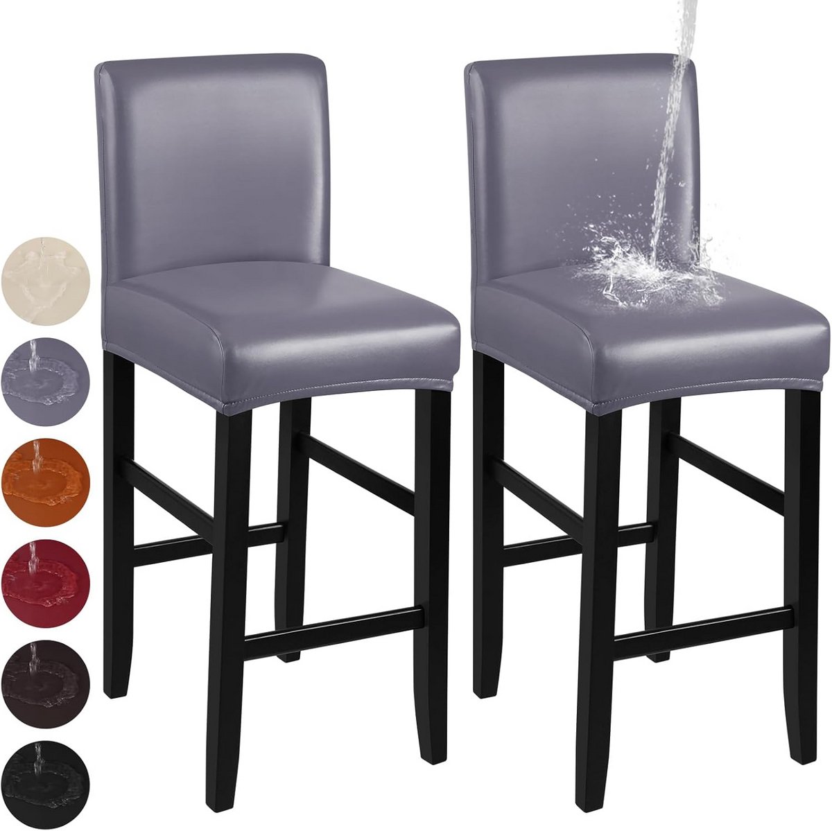 Waterdichte Stretch Barkrukhoezen met Rugleuning - Set van 2 Wasbare Zittingbeschermers voor Korte Draaistoelen en Eetkamerstoelen