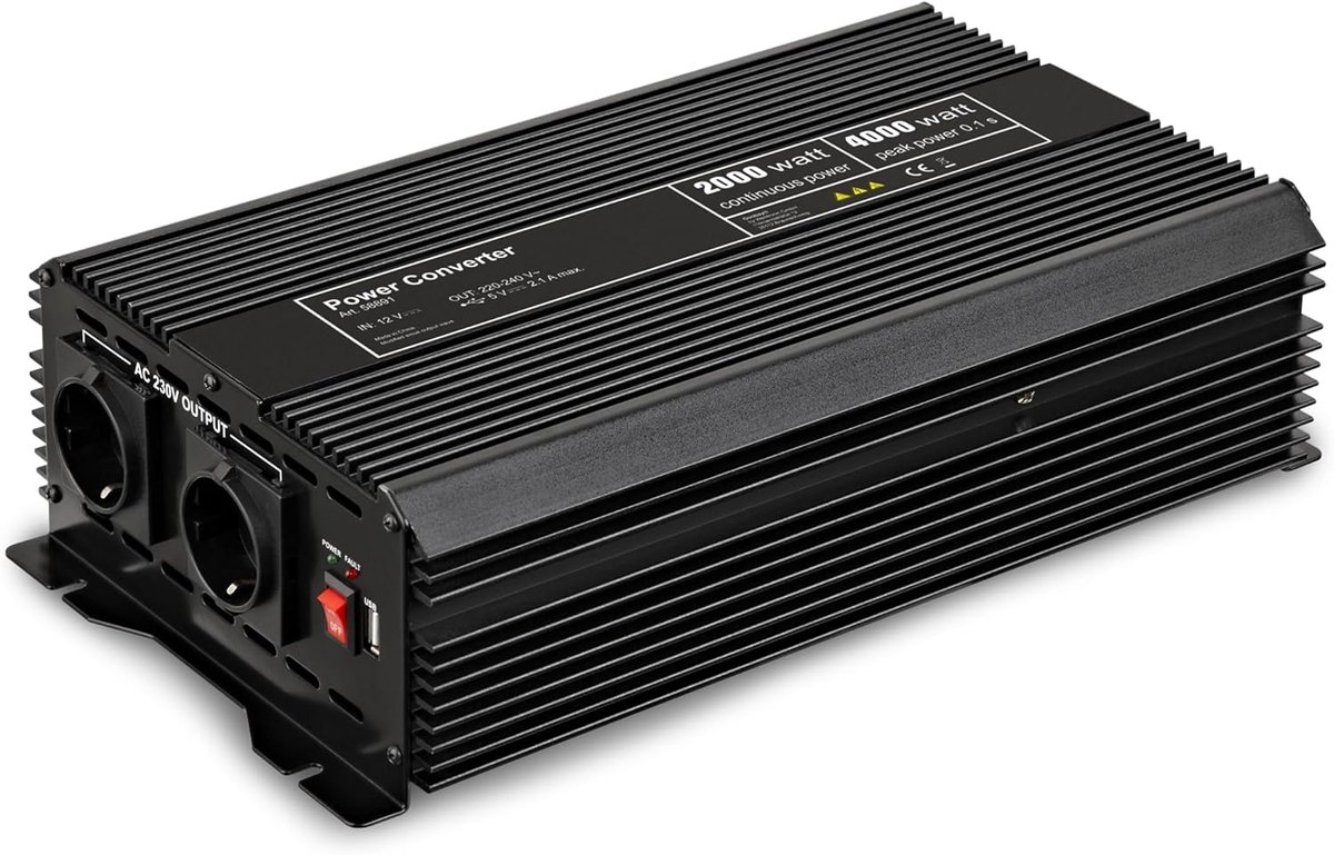 Krachtige Spanningsomvormer 2000W 12V naar 230V met USB-poort voor Auto en Camping