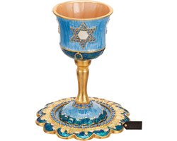 Luxe Handgeschilderde Kiddush Beker Set - 5 inch Hoge Wijnbeker met Kristallen en Davidster - Judaïca Cadeau voor Sjabbat en Feestdagen
