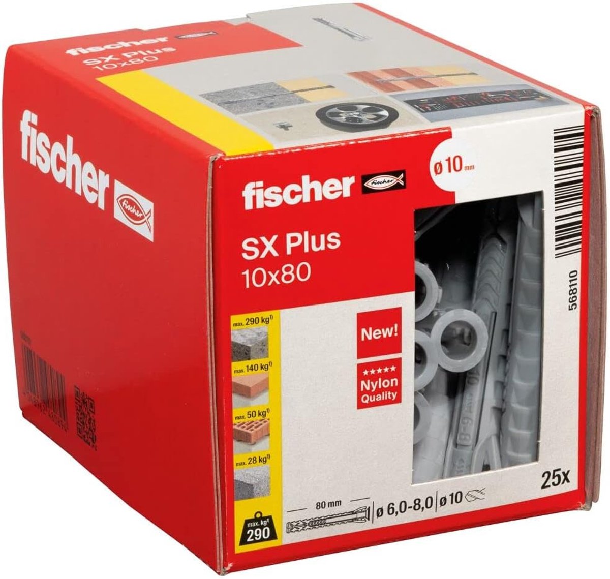 Set van 25 Pluggen Nylon Schroefbevestiging voor Beton en Steen 10x80mm