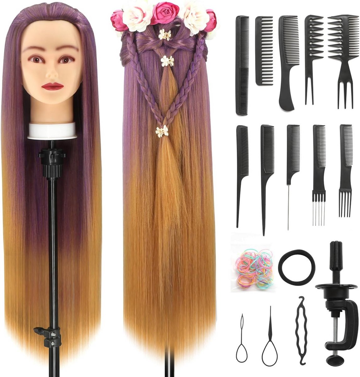 Kappers Trainingshoofd 28 Inch (71cm) Synthetisch Voor Oefenen Vlechten & Knippen met Klem