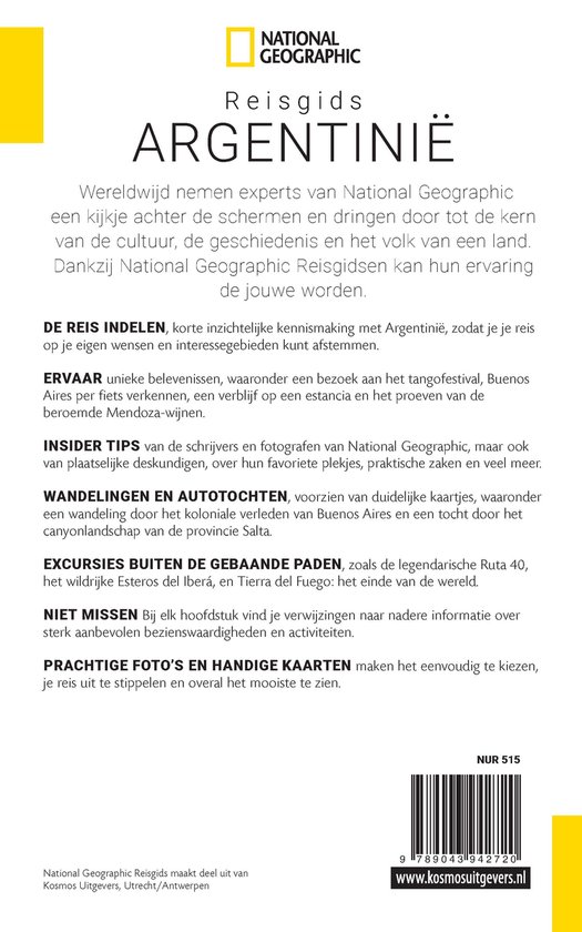 Cover van National Geographic Reisgids Argentinië, met tekst en gele vierkant.