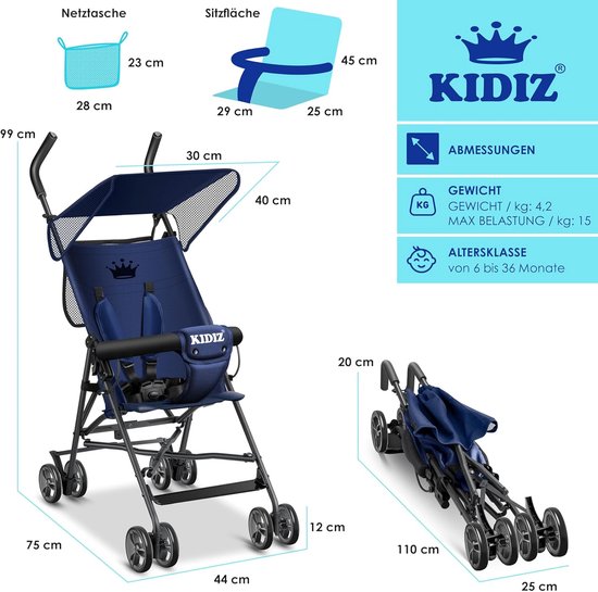 Opvouwbare Kinderbuggy met 360° Draaibare Wielen en Zon- en Regenkap van Merkloos — afbeelding 4