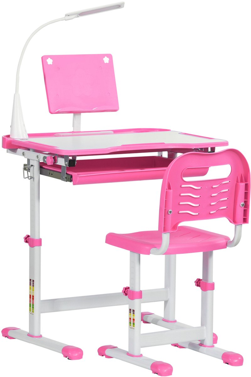 HOMCOM - Kinderstudietafel en -stoelset - PP, staal - 70x50x105cm - Roze