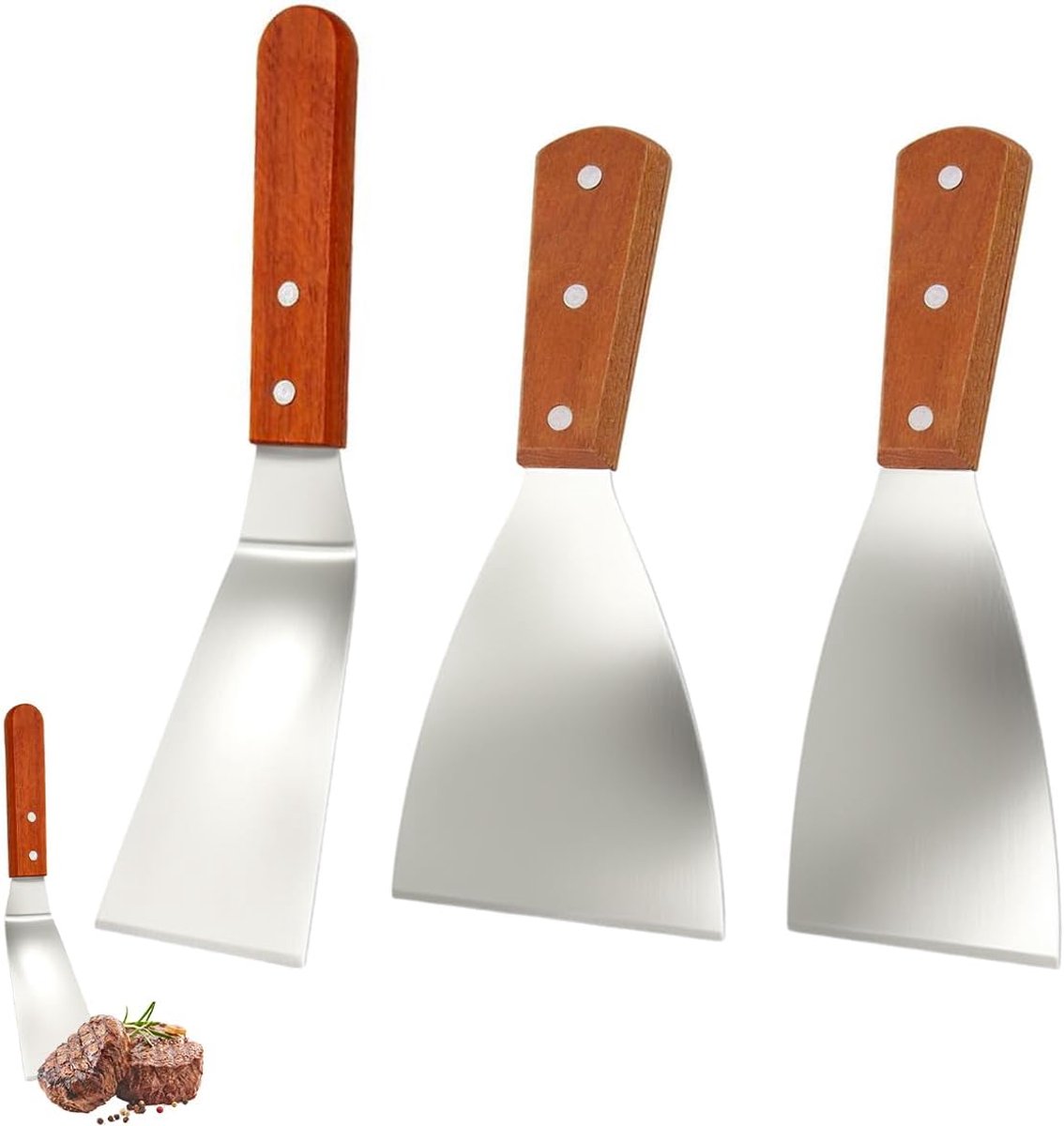 3-Delige Set Grill Spatels Roestvrij Staal met Houten Handvat