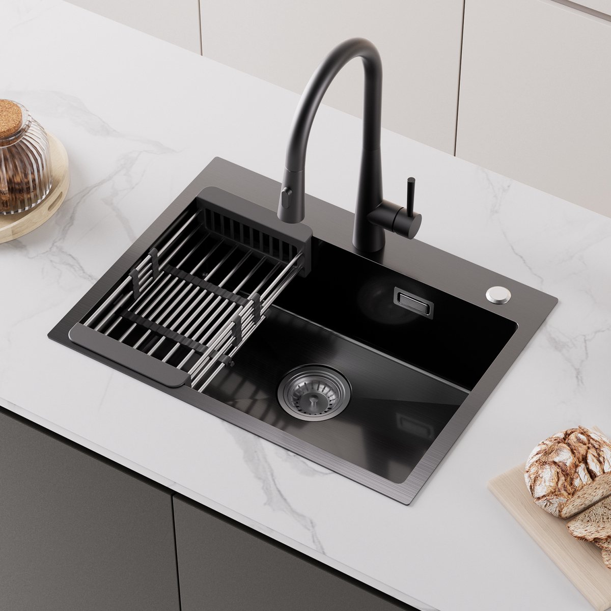 CECIPA max Handgemaakte RVS Spoelbak - Spoelbak Antraciet 60x45CM - Spoelbak Keuken Met Afdruiprek - Met Kraangat - RVS Gootsteen Met Afdruiprek