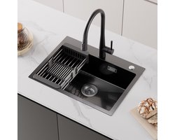 CECIPA max Handgemaakte RVS Spoelbak - Spoelbak Antraciet 60x45CM - Spoelbak Keuken Met Afdruiprek - Met Kraangat - RVS Gootsteen Met Afdruiprek