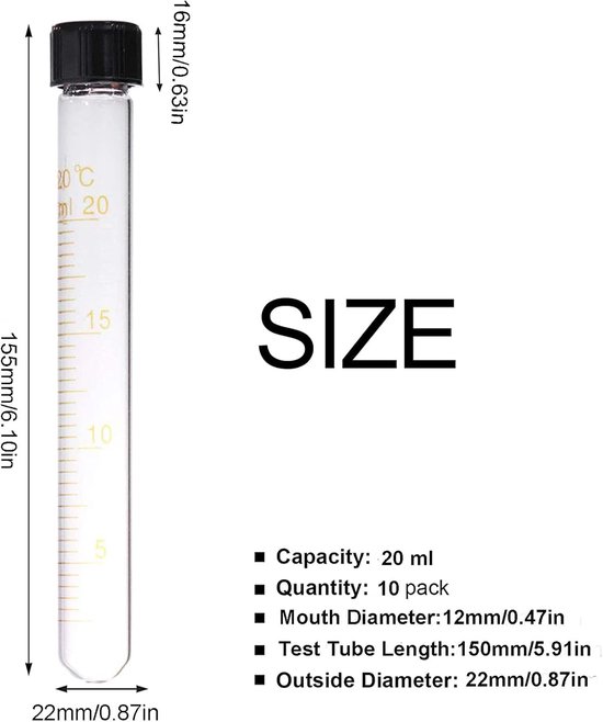 10 Stuks Laboratorium Centrifugebuizen met Schroefdop - Afgestudeerd Glaswerk (20ml) van Merkloos — afbeelding 2
