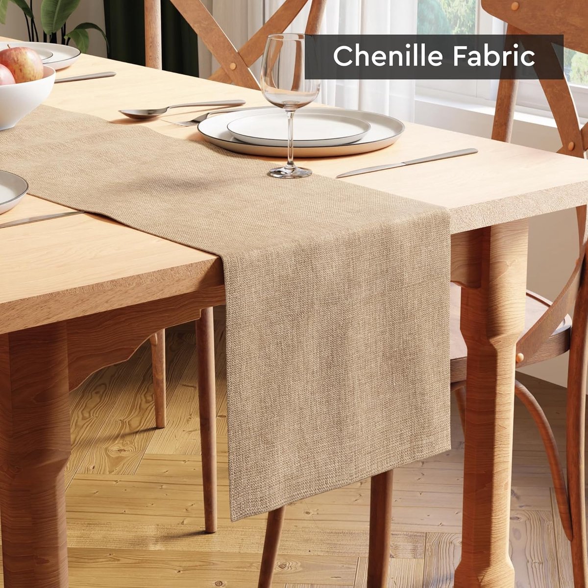 Tafelloper Chenille 32x183cm Zand Kleur Fijn Geweven Wasbaar