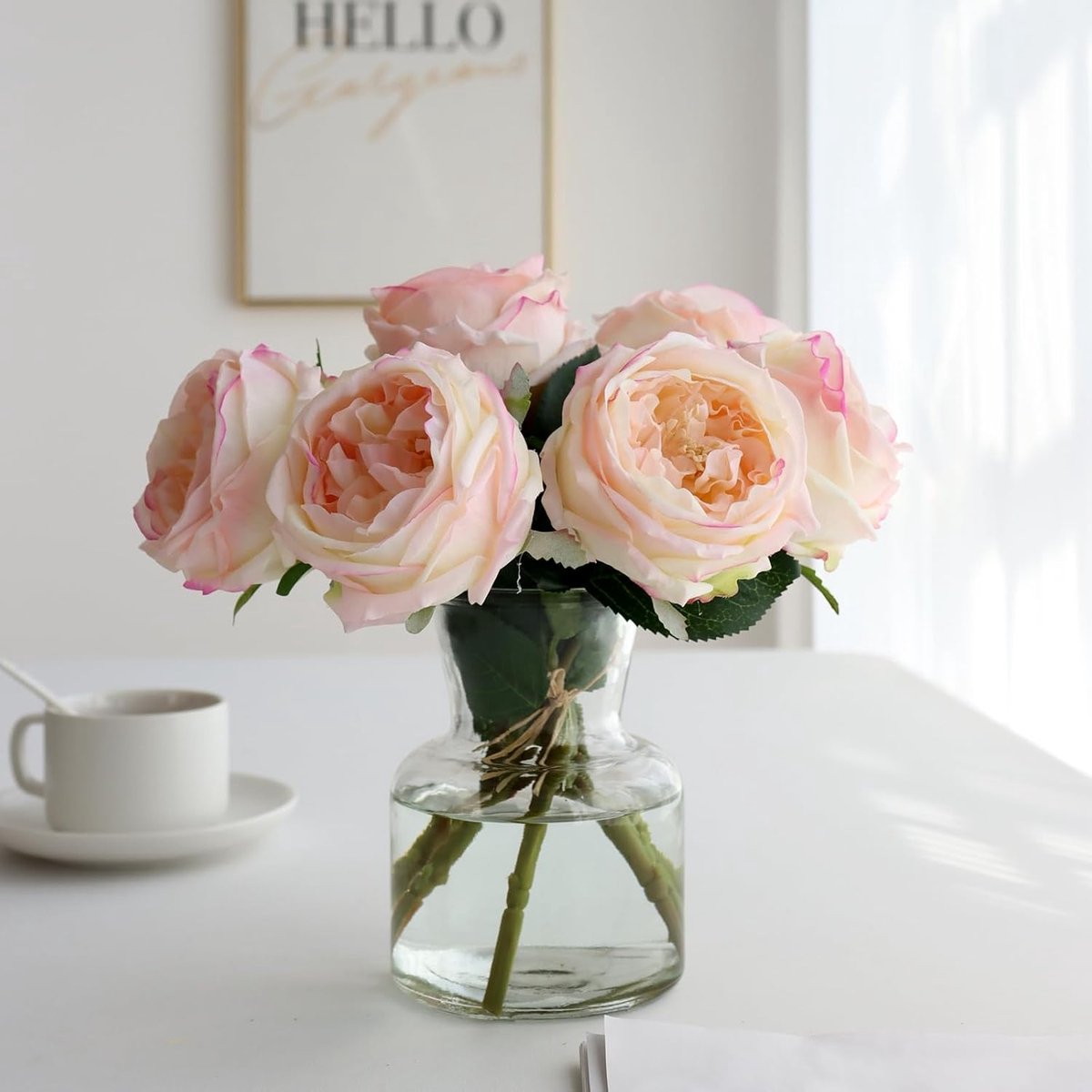 6 Stuks Kunst Pioenrozen Bloemen met Heldere Glazen Vaas - Real Touch Roze Nep Bloemen voo