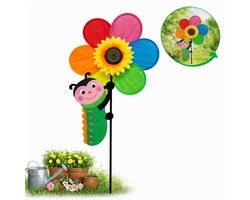 Tuinsteker Zonnebloem Met Klimmende Rups - Windmolen 112 cm – Windspel Tuindecoratie – Bewegende Tuinmolen