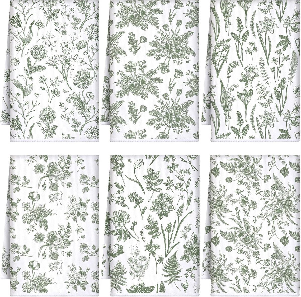 Set van 6 Keukendoeken Saliegroen met Vintage Bloemen - Absorberende Vaatdoeken 60x40 cm