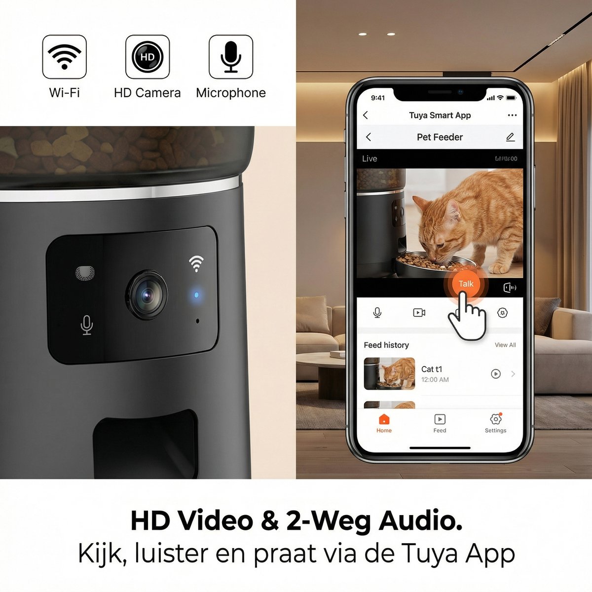 Kai Trade Automatische Voerbak Kat met Camera - 4.5L RVS Zwart - afbeelding 3