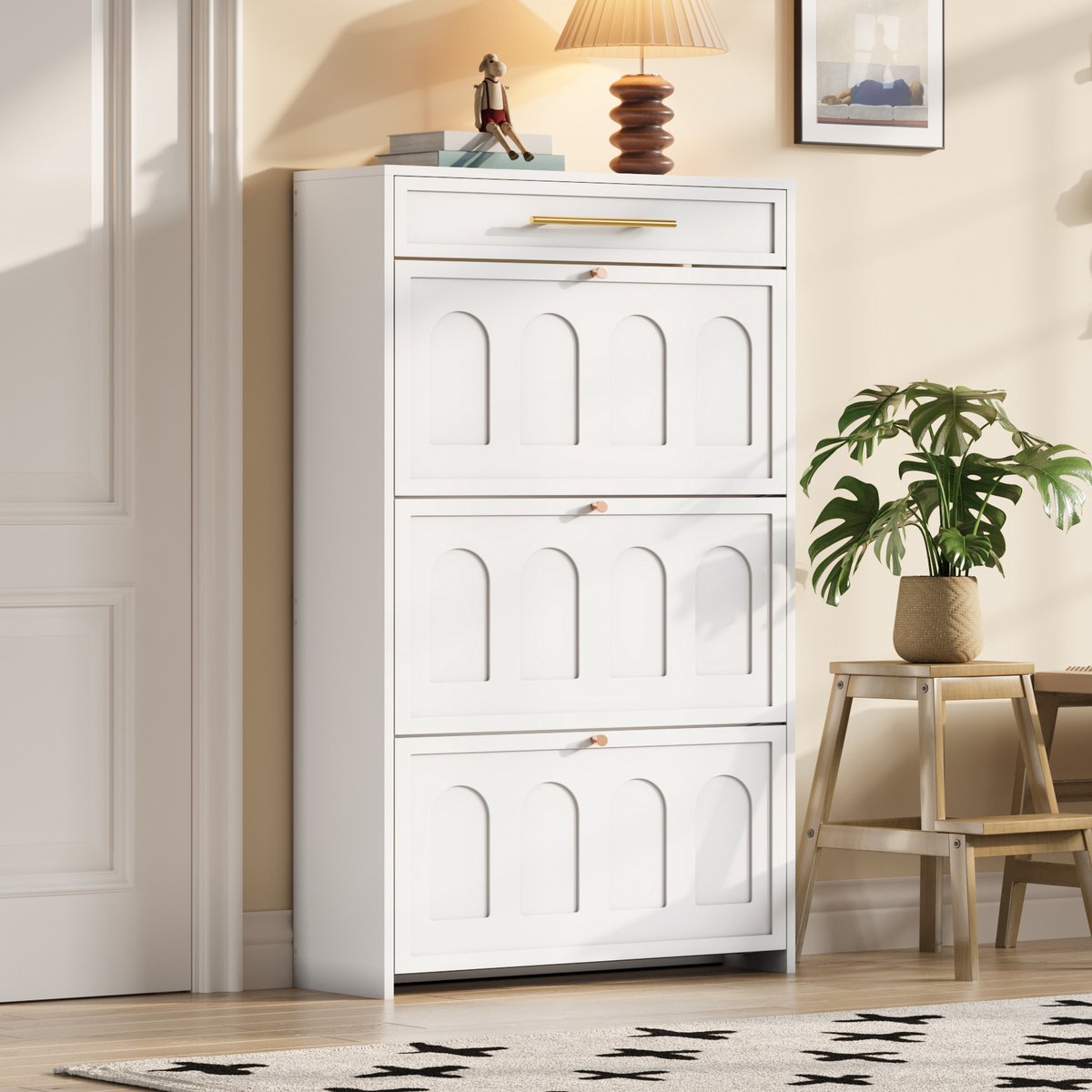 STILVORA Schoenenkast - Met 6 Open Vakken En Lade - Smal Opbergmeubel Voor Hal En Entree - MDF Wit - 70x25x123,5 Cm