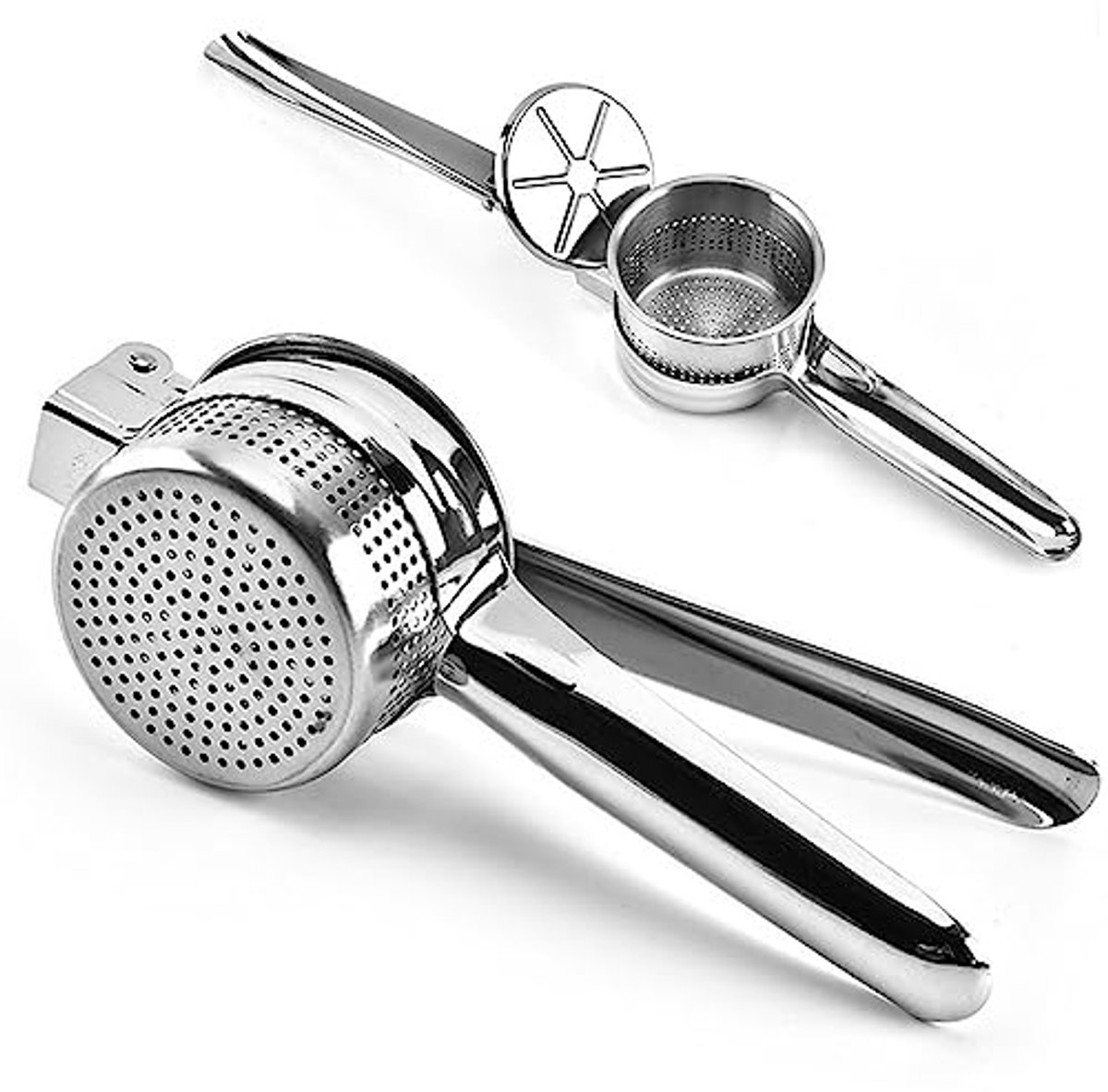 Handmatige aardappelpers, roestvrijstalen aardappelstamper voor groenten en fruit, geschikt voor aardappelpuree, vruchtensappen, groentepuree en -sap.