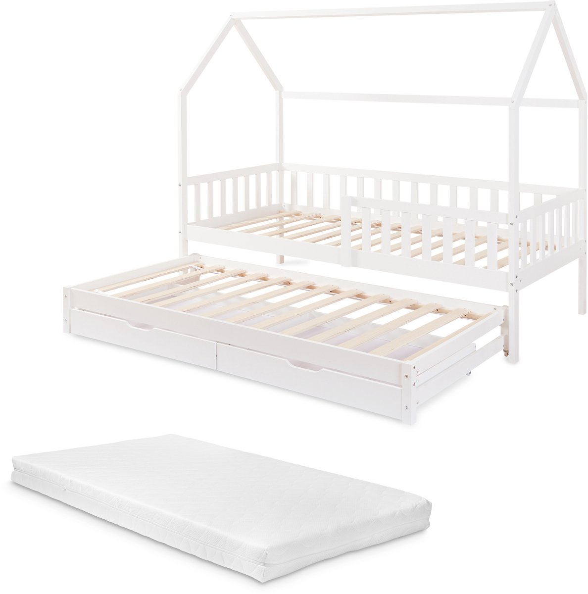 en.casa Kinderbed Aarghonmaa met matras uitschuifbed en opberglades 90x200 cm wit [en.casa]