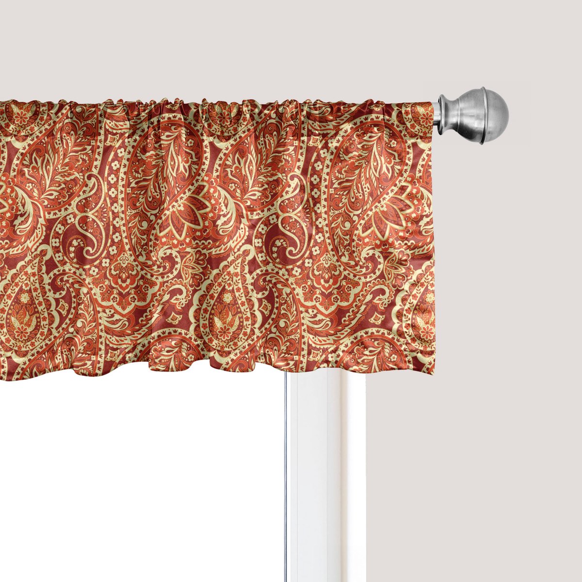 ABAKUHAUS Paisley raamvalletje, gordijnvalletje voor keuken en slaapkamer met tunnelzoom, 137 cm x 45 cm, paprika en lichtgeel