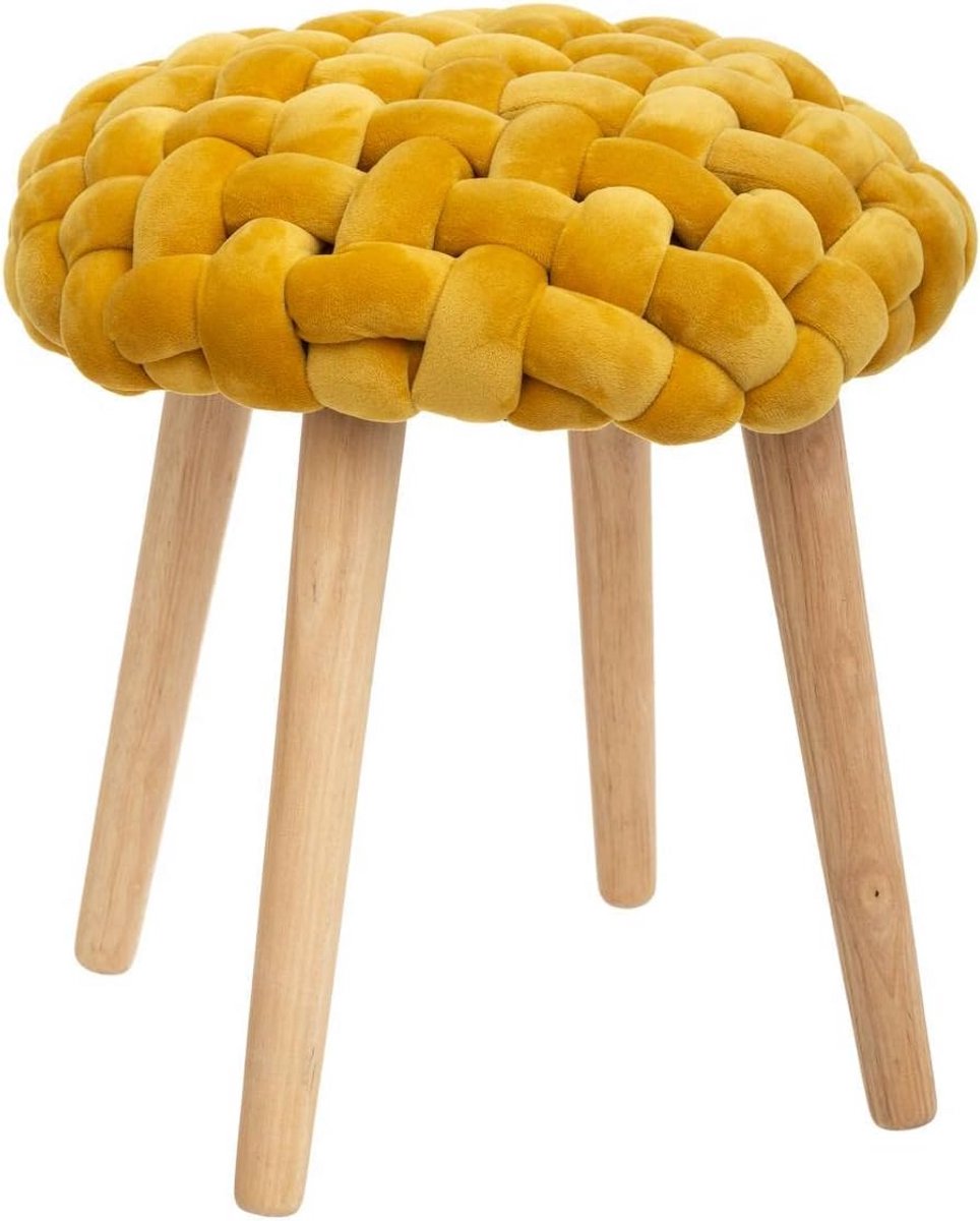 Ronde Houten Kruk met Gebreid Zitvlak - Zithoogte 43 cm