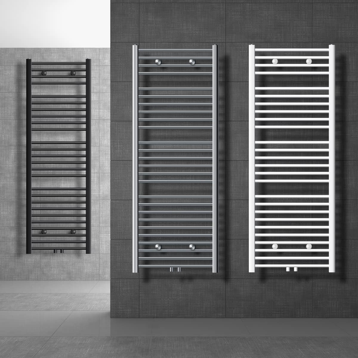 Witte Handdoekradiator Badkamer 600x800mm Middenaansluiting Inclusief Thermostaat en Aansluitset