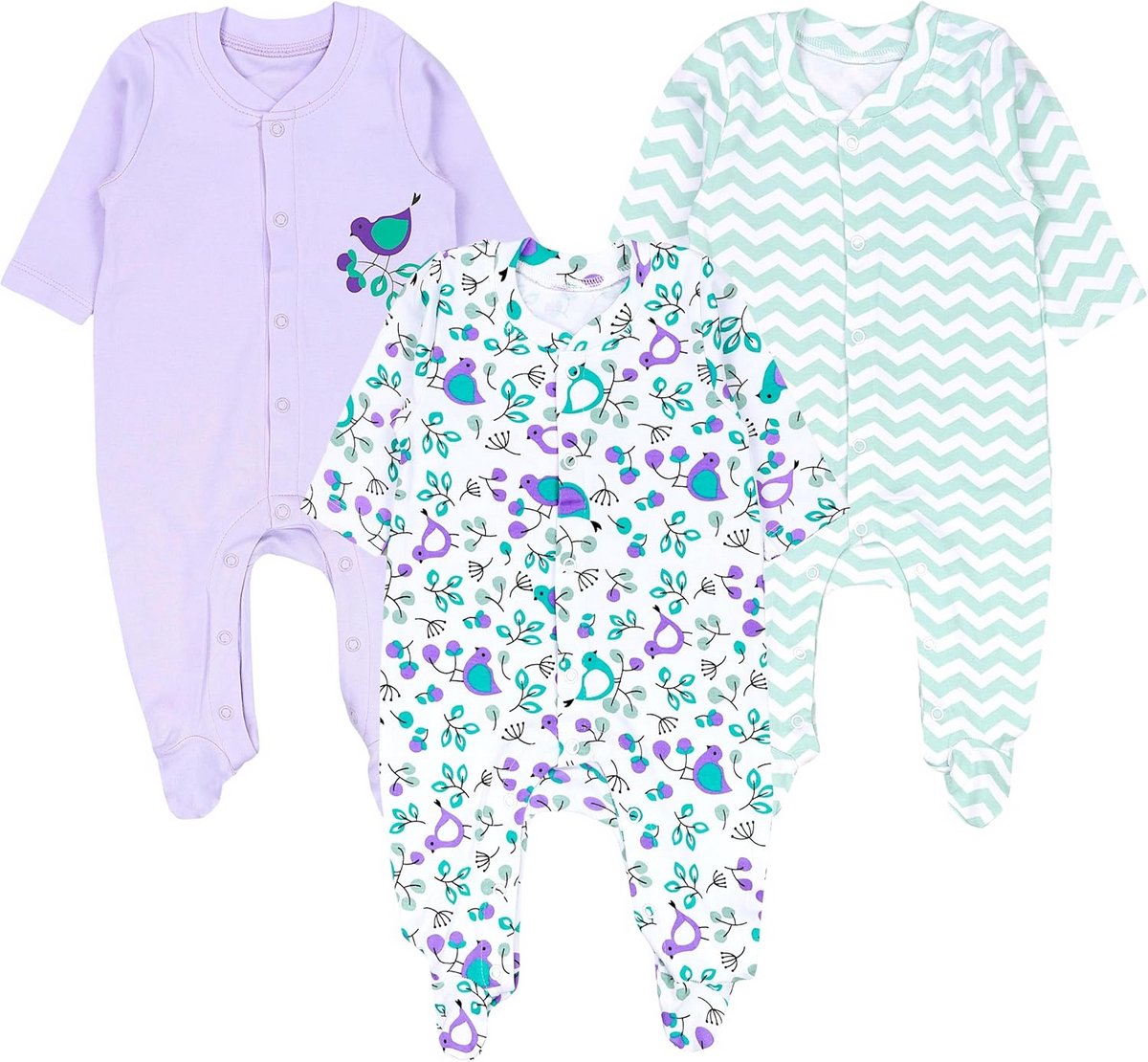 Set van 3 Baby Meisjes Pyjama Rompertjes met Voetjes Katoen