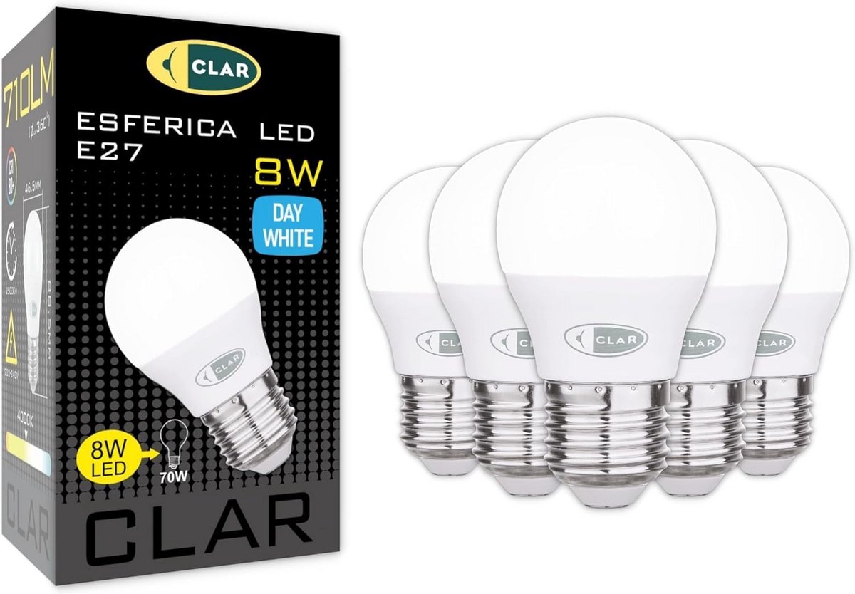 Set van 5 E27 LED Lampen 8W Neutraal Wit 4000K Vervanger 40W Gloeilamp