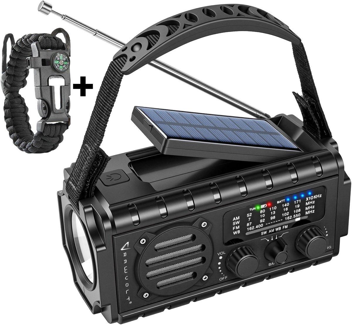 RAWVOLT® - NIEUW - Noodradio SW20K - 20000mAh Li-ion Accu - Solar Opwindbaar - Powerbank, Zaklamp, SOS Alarm & Leeslamp - 2026 model voor indoor, outdoor en in noodpakket - incl. Multi-Function Survival Armband - Cosmos Black