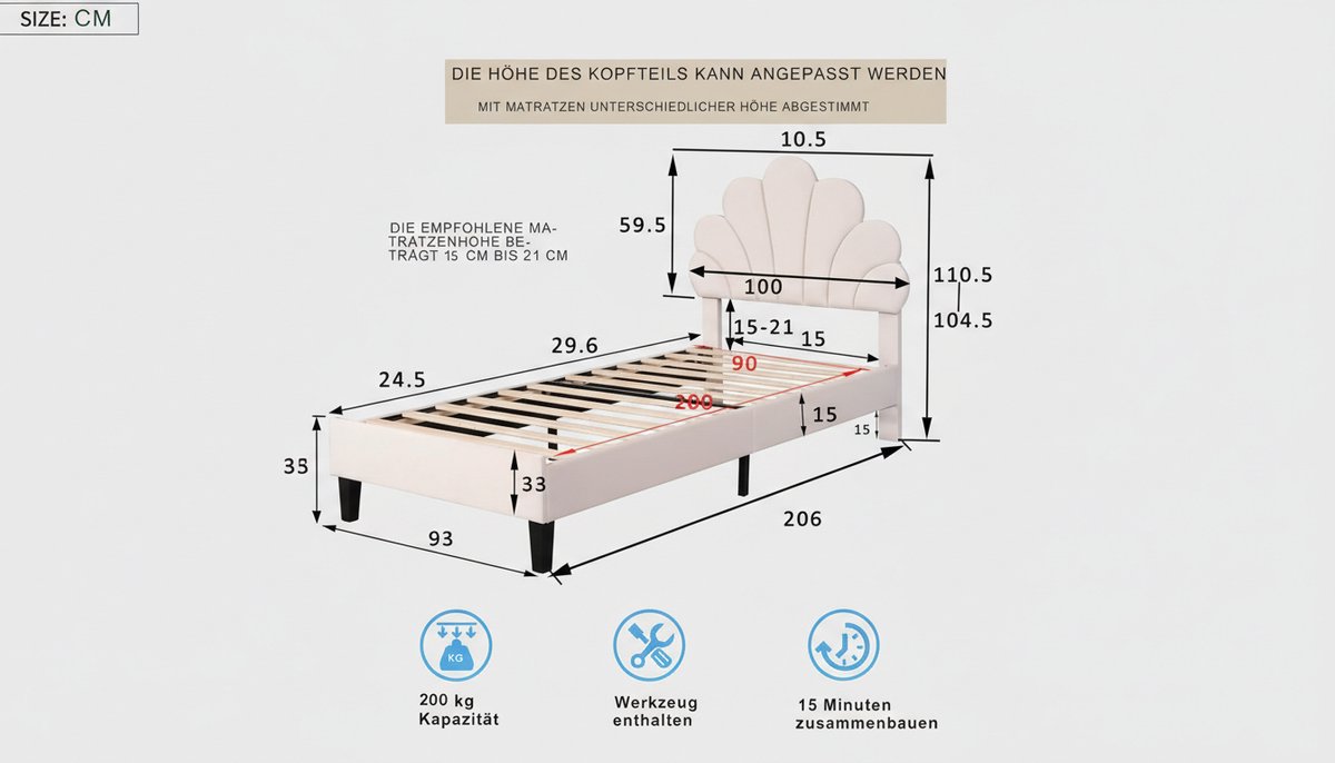 Gestoffeerd Bed 90x200 cm – Casa Velluto Flora Eleganza – Bloemvorm Hoofdbord – Fluwelen Kinderbed / Jeugdbed Beige met Lattenbodem – Platformbed Zonder Boxspring