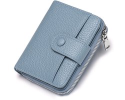 Dames Portemonnee - RFID-bescherming - Kleine damesportemonnee van zacht leer - Pasjeshouder - Portemonnee - Mini-portemonnee met drukknoop, ritssluiting en kaartvak - Blauw