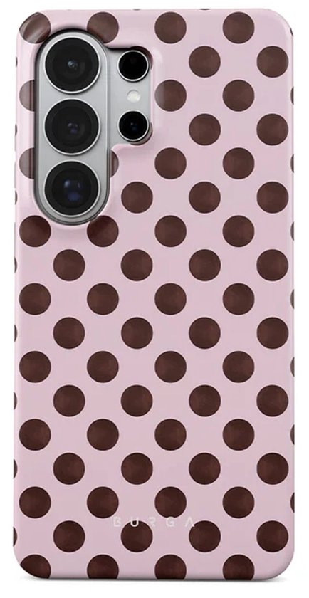 Lichtroze telefoonhoesje met bruine polkadots, voorkant met cameralensopening.