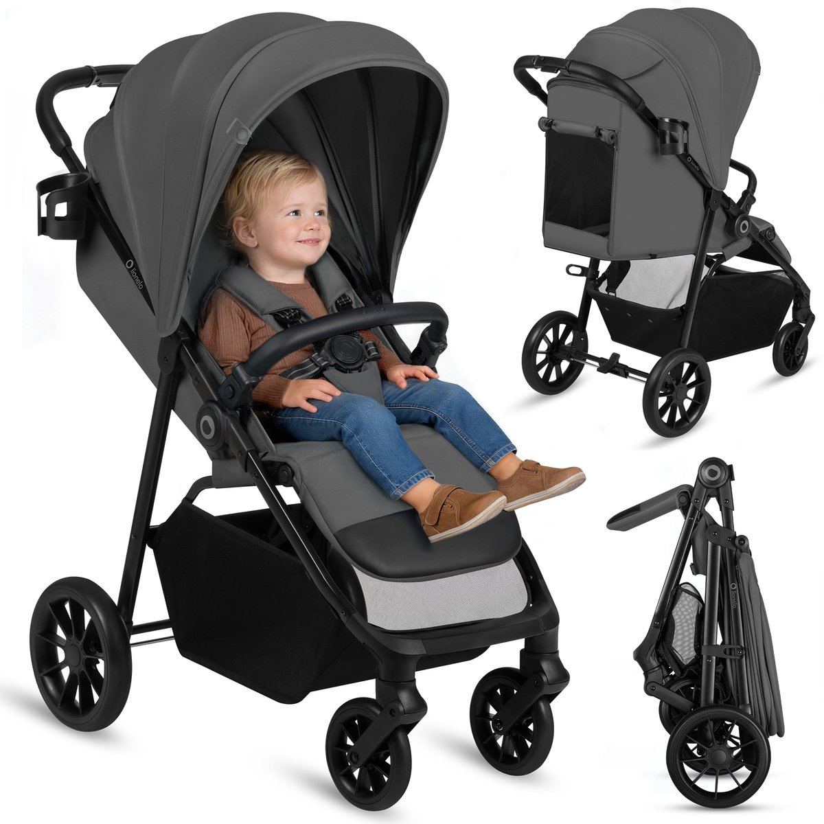 Lionelo Emerald Buggy Wandelwagen – Comfortabele Ligpositie 91 cm – Lichtgewicht & Eén-Hand Opvouwbaar – Geschikt voor 6 Maanden tot 4 Jaar – XXL-Capuchon UPF50+ – Gelagerde EVA-Wielen met Vering – Inclusief Bekerhouder van Lionelo