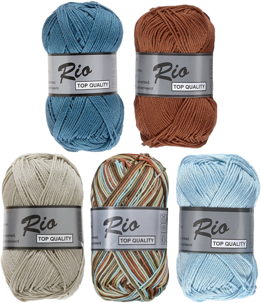 Rio katoengaren pakket - Rio multi blauw/bruin en Rio uni kleuren - 10 bollen van 50 gram - pendikte 3 - 3,5 mm